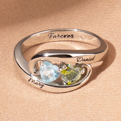 Personalised Pair of Hearts Infinity Birthstone Promise Ring For Her Anniversary Gift for Wife Valentine's Day Gift for Girlfriend
