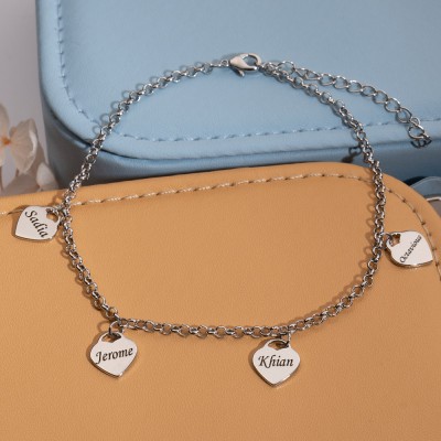 Personalised Heart Charms Engraved Names Bracelet Gift for Her Mum