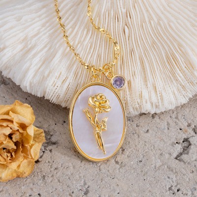 Personalised Birth Month Flower Mother Shell Gold Necklace With Birthstone Gifts For Mum Her