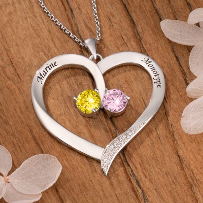 Personalised Couple Heart Name Birthstone Necklace Valentine's Day Gifts For Wife Girlfriend Soulmate Her