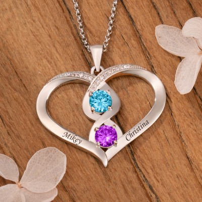 Personalised Heart Shaped Name Birthstone Necklace Gift For Mum Grandma Wife Couple Her