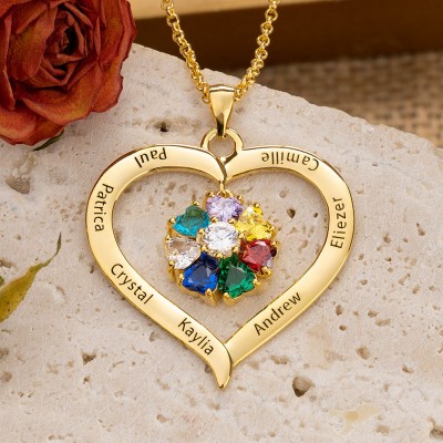 Personalised Heart Flower 1-8 Names Birthstones Necklace Gifts For Mum Grandma Wife Her