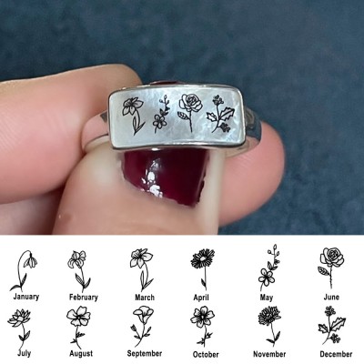 Personalised Engraved Birth Flower Ring Gift for Her