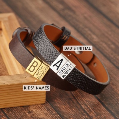 Personalised Leather Beads Bracelet With 1-10 Kids Names Engraving Father's Day Gifts