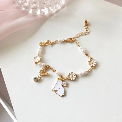 White Daisy Flower and Cute Bunny Adjustable Bracelet