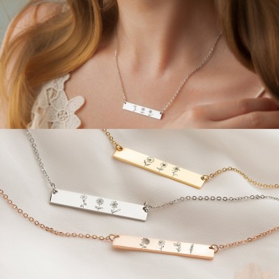 Personalised Birth Month Flower Bar Necklace with 1-6 Flowers