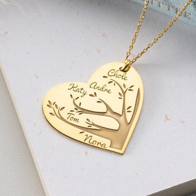 Personalised Family Tree Heart Name Necklace with 1-10 Names Gift for Mum and Grandma