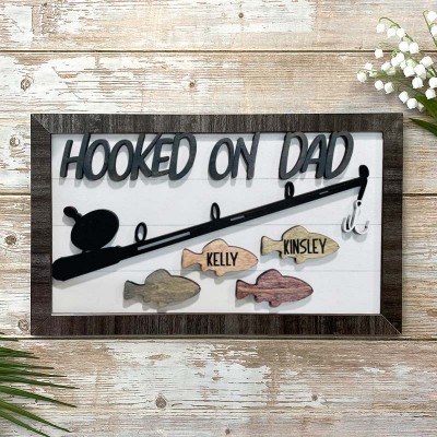 Handmade Personalised Fishing Trip Gift Hooked on Grandpa Papa Dad Father's Day Birthday Sign For Him