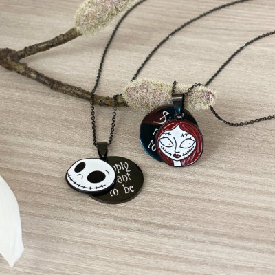 Halloween Jack & Sally Simply Meant to Be Heart Matching Necklce Gift For Girlfriend and Wife