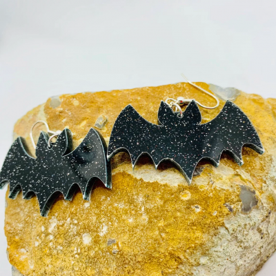 Halloween Black Glitter Bat Earrings Gift for Bat Lover