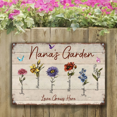Personalised Nana's Garden Birth Month Flower Sign With Kids Names Gifts for Grandma Wife Mum Her