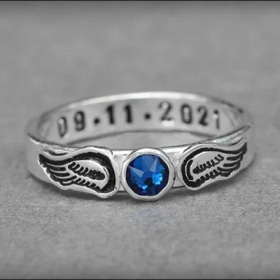 Personalised Angel Wings Birthstone Engraved Ring Memorial Gift Christmas Gift
