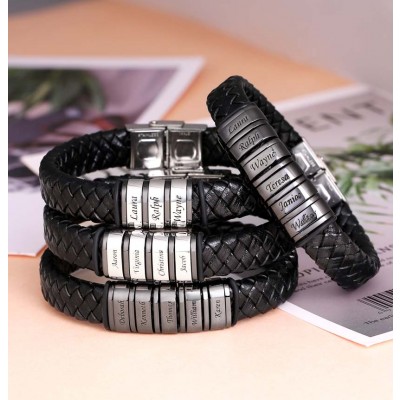 Personalised Mens Beads Braid Leather Bracelet With 1-10 Beads