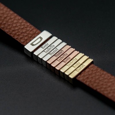 Personalized Leather Beads Bracelet With Dad And Children's Name Engraving