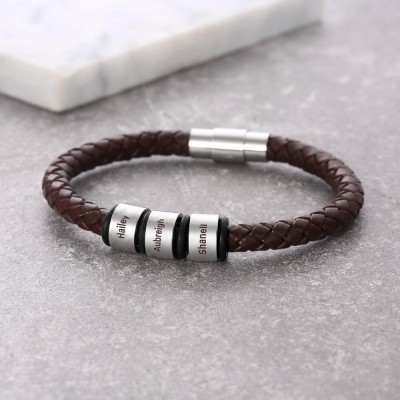 Personalized Brown Leather Bracelet With 1-10 Beads