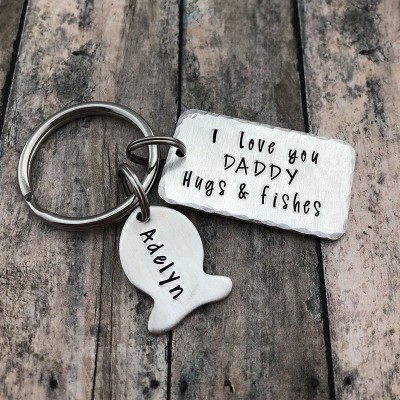 Personalised I love you DADDY Hugs and Fishes Fishing KeyChain