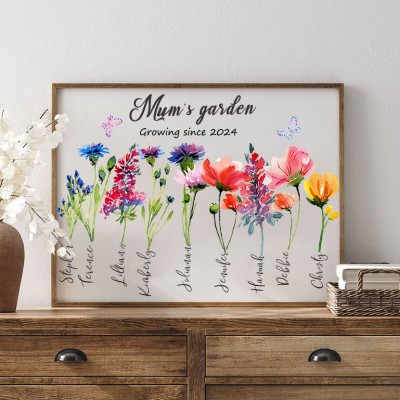 Personalised Grandma's Garden Birth Flower Frame With Kids Names Gift For Mum Grandma Mother's Day Gift