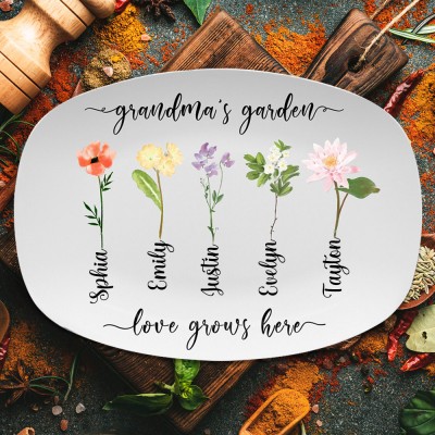 Personalised Grandma's Garden Birth Month Flowers Platter with Grandkids Names Gift for Grandma New Mum Gift 