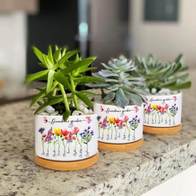Personalised Birth Month Flower Mini Plant Pot With Children's Names Love Gifts For Grandma Mum