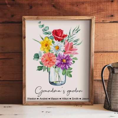 Personalised Family Birth Month Flower Bouquet Art Print with Kids Names Gift Ideas for Mum Grandma