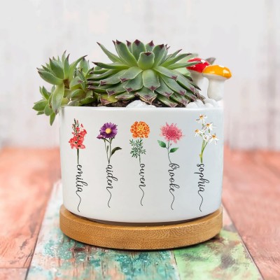 Personalised Outdoor Birth Month Flower Plant Pot with Children's Names Gift For Mum Grandma