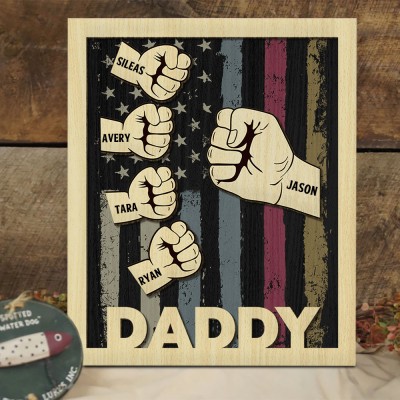 Personalised Daddy Fist Bump Wood Sign With Kids Name Gift for Father's Day