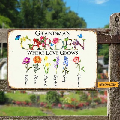 Personalised Grandma's Garden Birth Flower Outdoor Sign Gift For Grandma Wife Mum Her