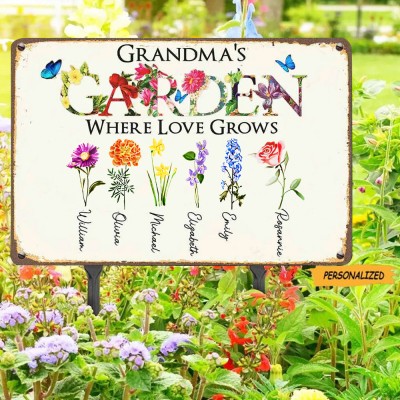 Personalised Grandma's Garden Birth Flower Outdoor Decor Sign Gift for Grandma Mum Wife Her