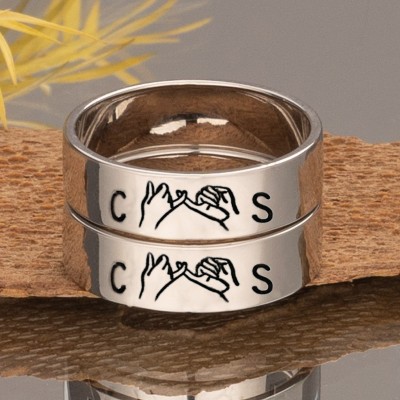 Personalised Initials Pinky Swear Minimalist Stacking Couples Ring Set