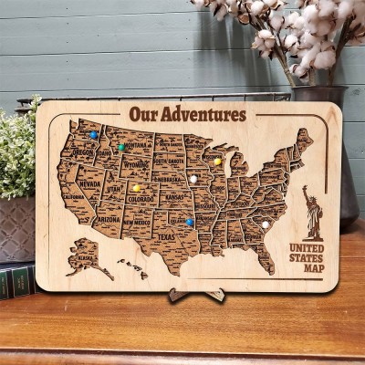 Personalised USA Push Pin Wooden Travel Map Keepsake Gifts for Couple Valentine's Day Gifts for Him Anniversary Gifts