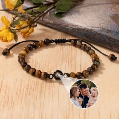 Personalised Tiger's Eye Stone Mens Beaded Photo Projection Bracelet with Picture Inside Gifts for Dad Husband