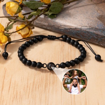 Personalised Black Beaded Photo Projection Bracelet Gift Ideas for Dad Father Anniversary Gifts