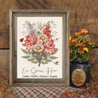 Personalised Family Birth Flower Bouquet Art Print Frame with Kids Names Gift Ideas For Mum Grandma
