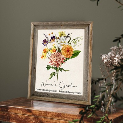 Personalised Family Watercolour Birth Flower Bouquet Print Frame with Kids Names Gift Ideas For Mum Grandma Her
