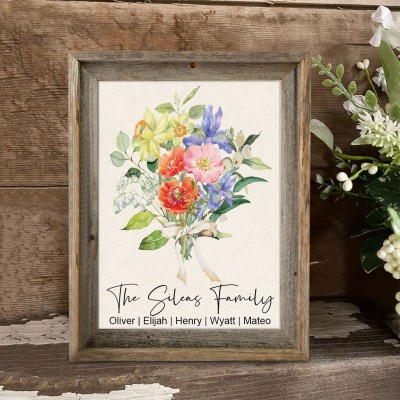 Personalised Birth Flower Family Bouquet Art Print Frame Gifts for Mum Grandma Wife Her