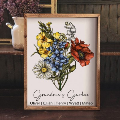Personalised Birth Flower Bouquet Print Frame Family Keepsake GIfts For Grandma Mum