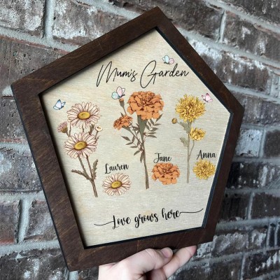Personalised Birth Month Flower Mum's Garden Frame Wood Sign Gift for Mum Grandma Wife Her