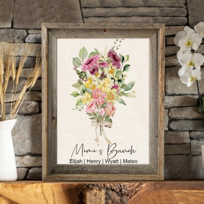 Custom Birth Flower Family Bouquet Art Print Frame Christmas Gifts for Mum Grandma