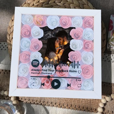 Personalised Spotify Flower Shadow Box With Couple Photo For Wedding Anniversary Valentine's Day Gifts