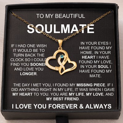 To My Soulmate Personalised Double Heart Necklace With 2 Names and Birthstones Anniversary Gifts For Wife Valentine's Day Gift For Girlfriend