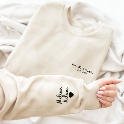 Custom Mama Sweatshirt with Grandkids Names On Sleeve Heartful Gift For Mum Mother's Day Gifts