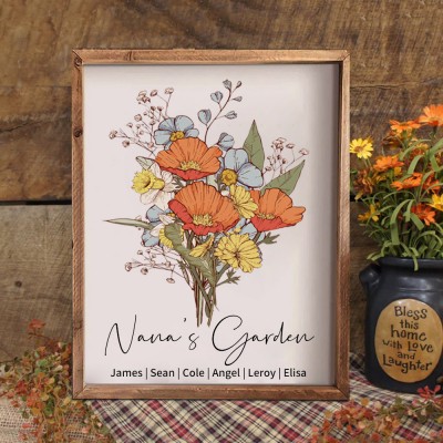 Personalised Grandma's Garden Birth Flower Bouquet Wooden Frame With Grandkids Names Gift Ideas For Mum Grandma Mother's Day Gift