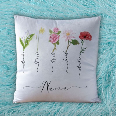 Personalised Birth Month Flower Nana Pillow with Kids Names Mother's Day Gift