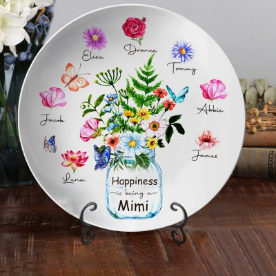 Personalised Happiness Is Being A Nana Birth Month Flower Platter with Kids Names Love Gift Ideas for Grandma Mum