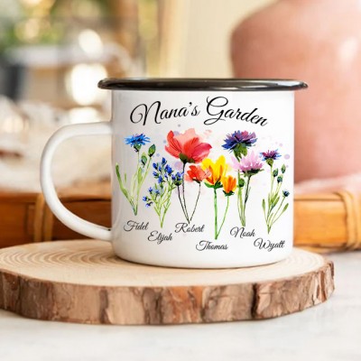 Personalised Grandma's Garden Coffee Mug with Grandkids Names Birth Flower Camp Mug Gifts for Mum Grandma Christmas Gifts