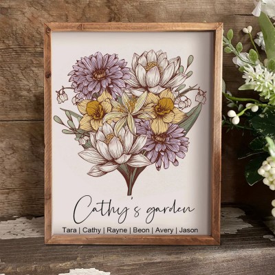 Custom Family Birth Flower Bouquet Wooden Frame With Names Mother's Day Gift Ideas Keepsake Gift For Nana Mum