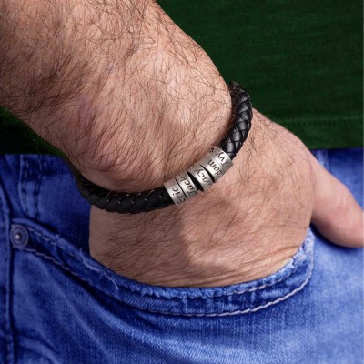 Personalised Mens Leather Beads Bracelet Engraved with Kids Name Gifts For Him Father's Day Gift Ideas