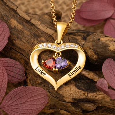 Personalised Heart Shaped Couple Engraved Names Necklace With Birthstones Design Unique Gift For Girlfriend Birthday Gift For Best Friend Valentine's Day Gift Ideas