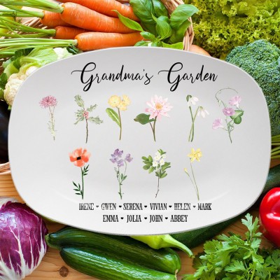 Personalised Grandma's Garden Birth Month Flower Platter with Grandchildren's Names Gift for Grandma, Mum