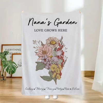 Personalised Grandma's Garden Birth Flower Bouquet Blanket Family Gifts For Mum Grandma Mother's Day Gift